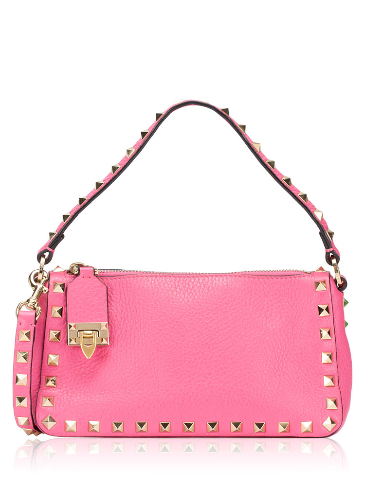 Pebbled Calfskin Rockstud Flip Lock Small Shoulder Bag Dawn Pink