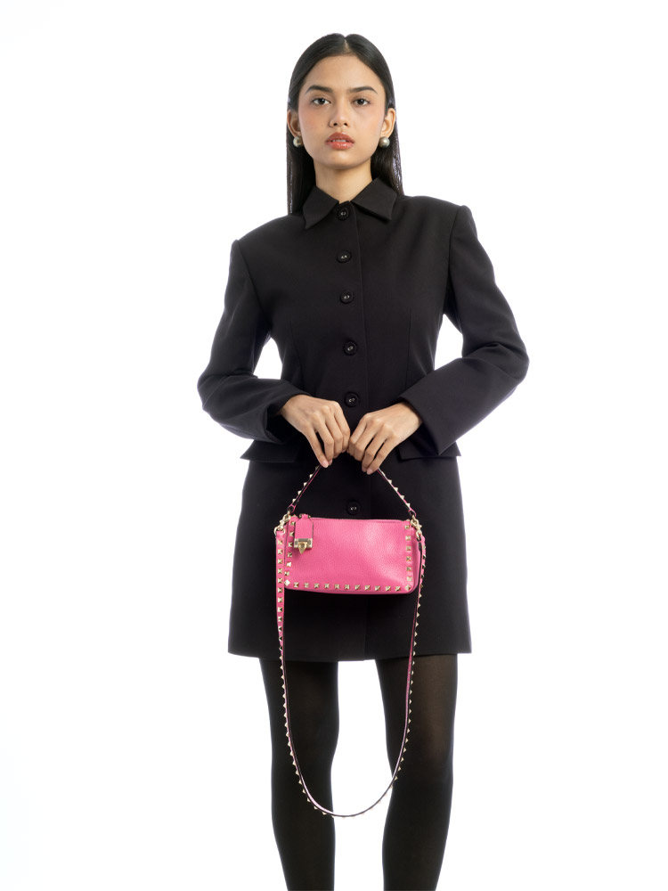 Pebbled Calfskin Rockstud Flip Lock Small Shoulder Bag Dawn Pink