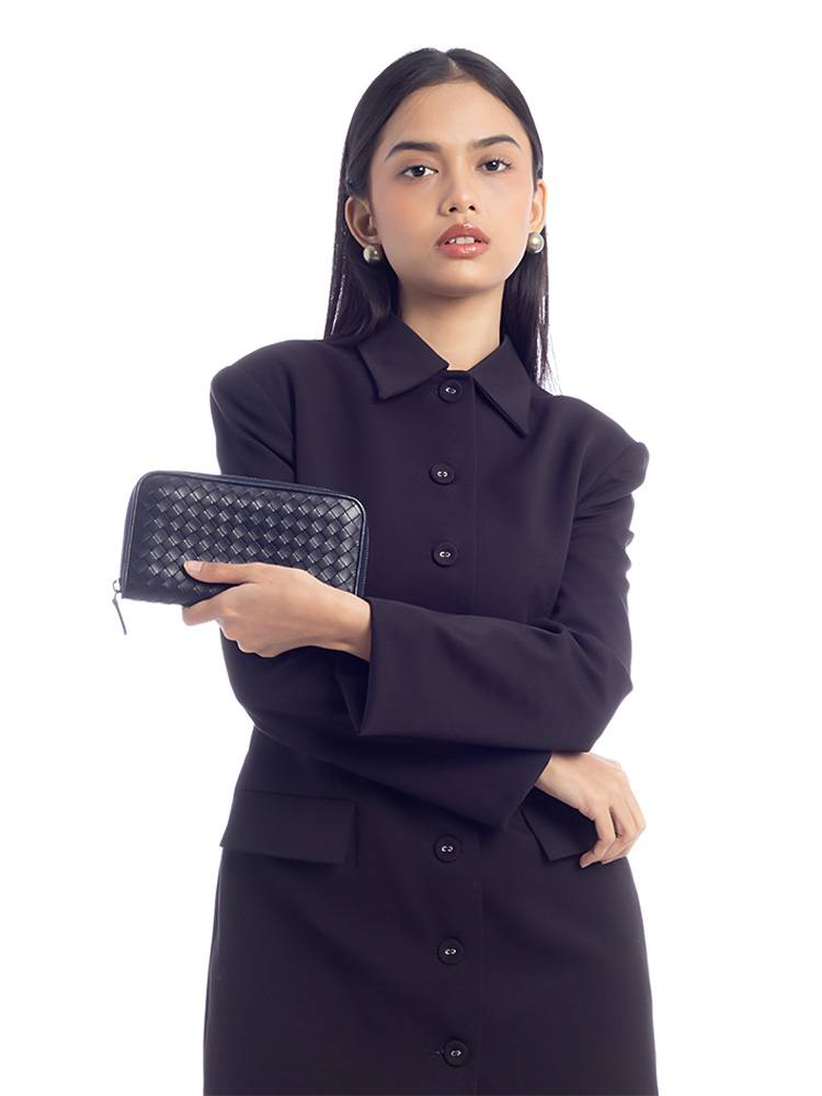 Nappa Intrecciato Zip Round Wallet Dark Navy