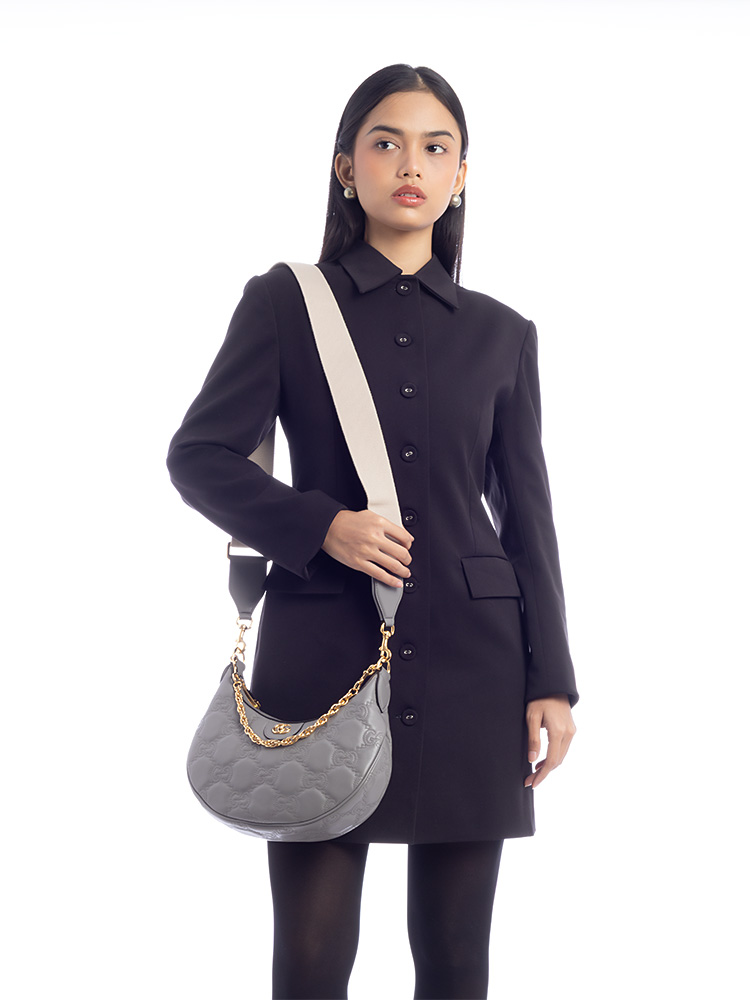 Calfskin GG Matelasse Small Hobo Dusty Grey Natural