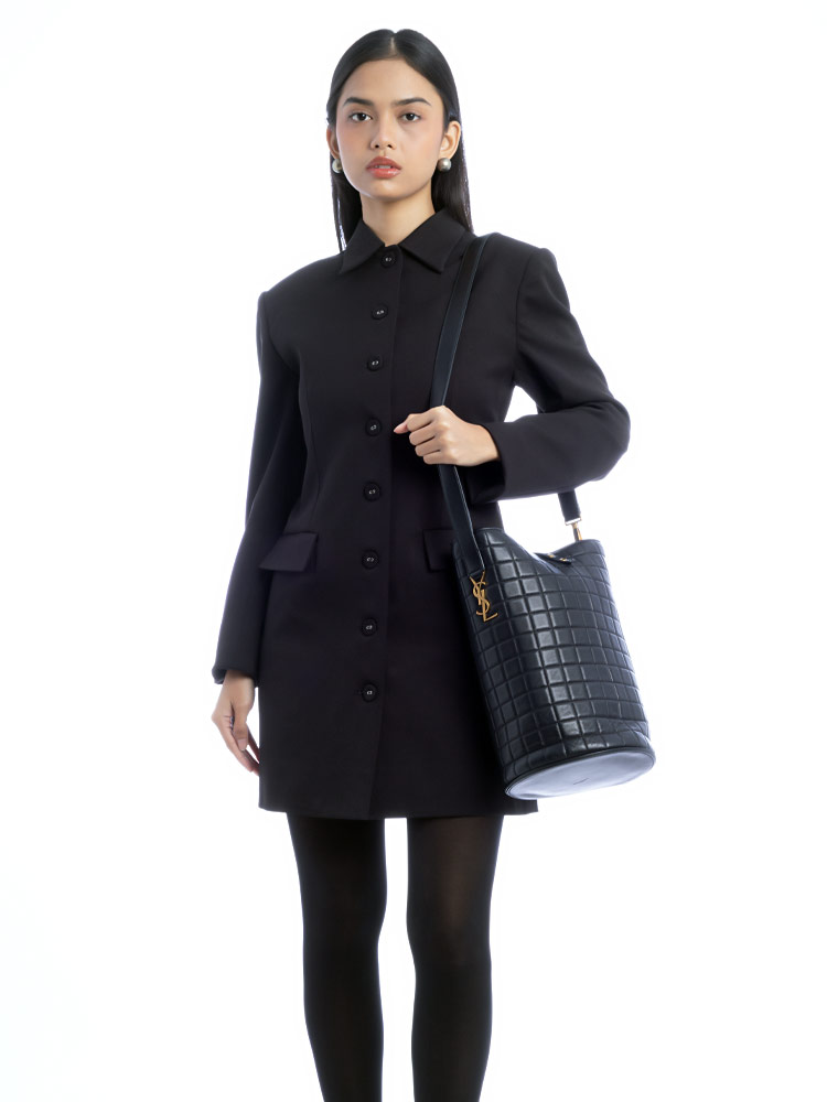 Lambskin Quilted Cecile Medium Bucket Bag Black