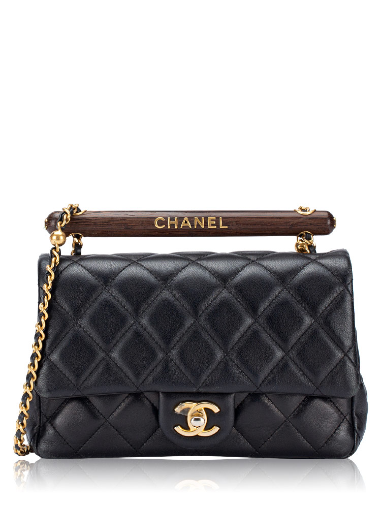 Lambskin Small Flap Bag with Wenge Wood Handle Black