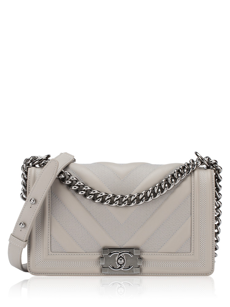 Calfskin Chevron Stitched Medium Boy Flap Bag Grey