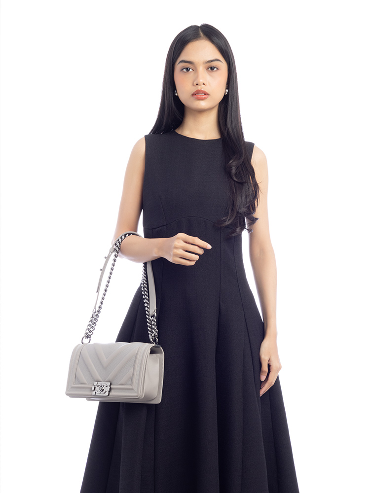 Calfskin Chevron Stitched Medium Boy Flap Bag Grey