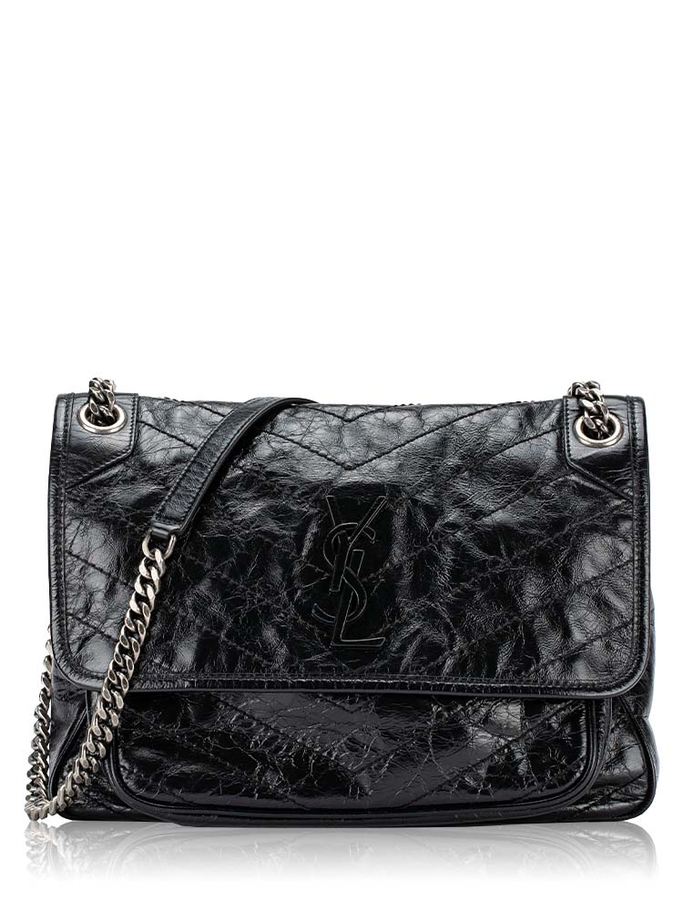 Crinkled Calfskin Matelasse Niki Medium Chain Shoulder Bag Black