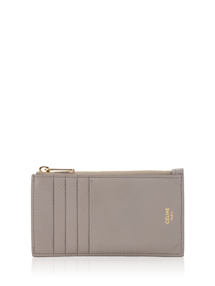 Grained Calfskin Zipped Card Holder Pebble