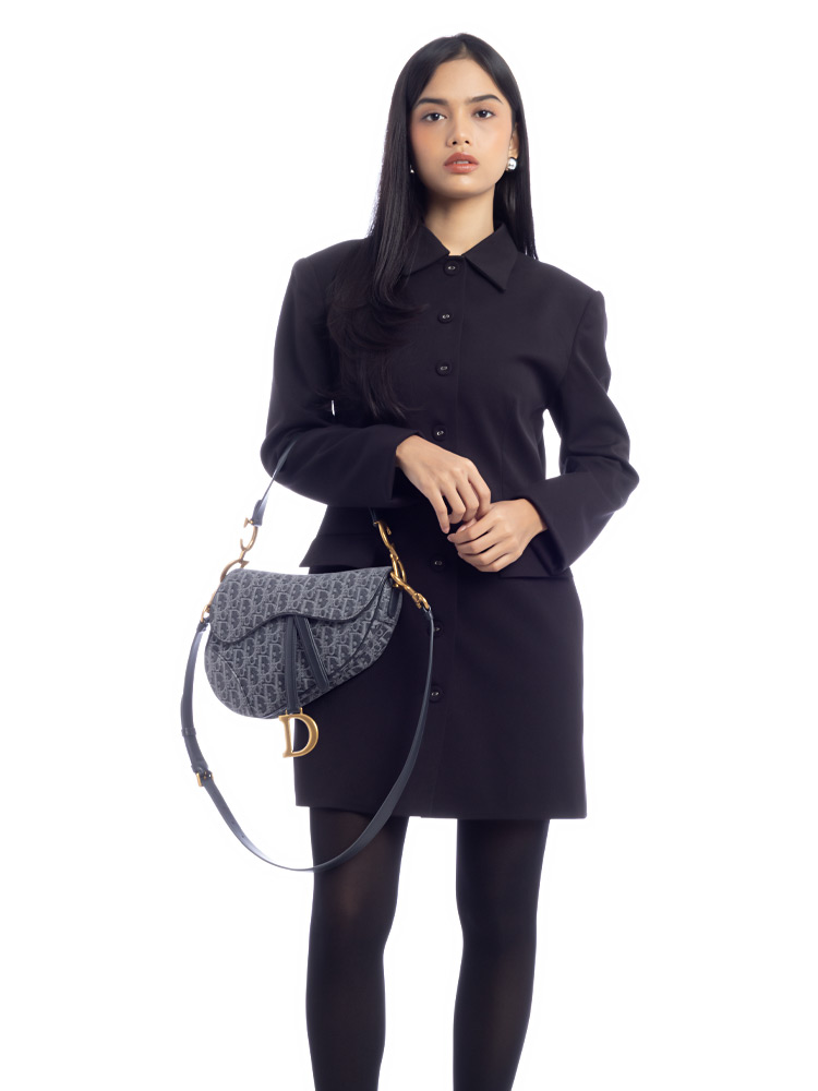 Oblique Denim Saddle Bag With Strap Gray