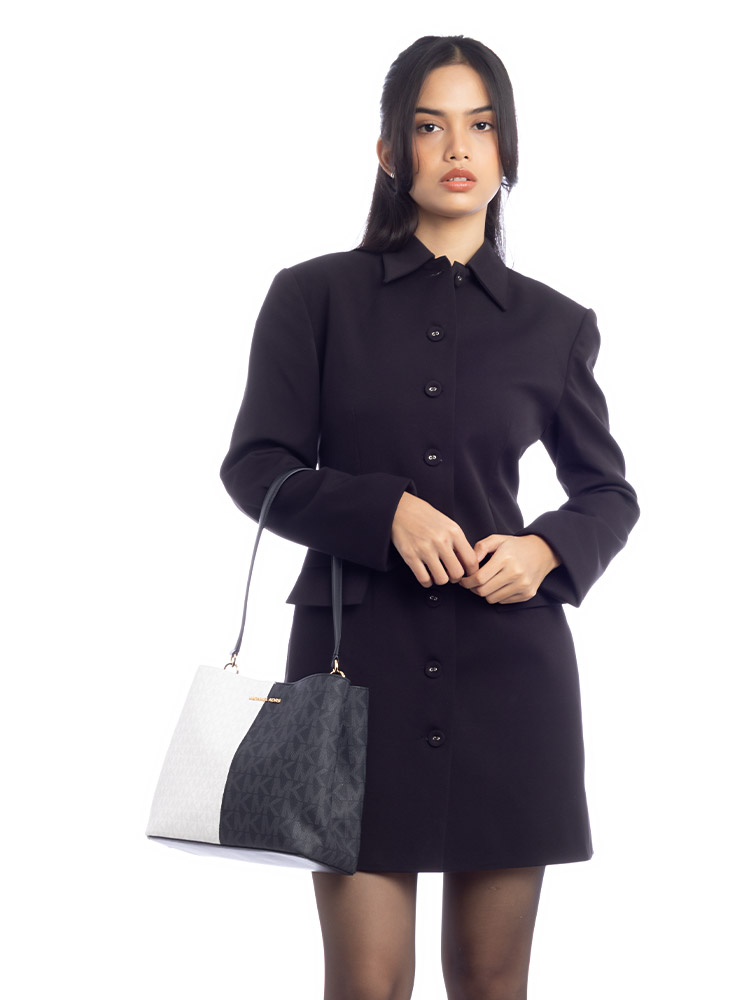 Signature Pratt Medium Two-Tone Bucket Bag Black Multi