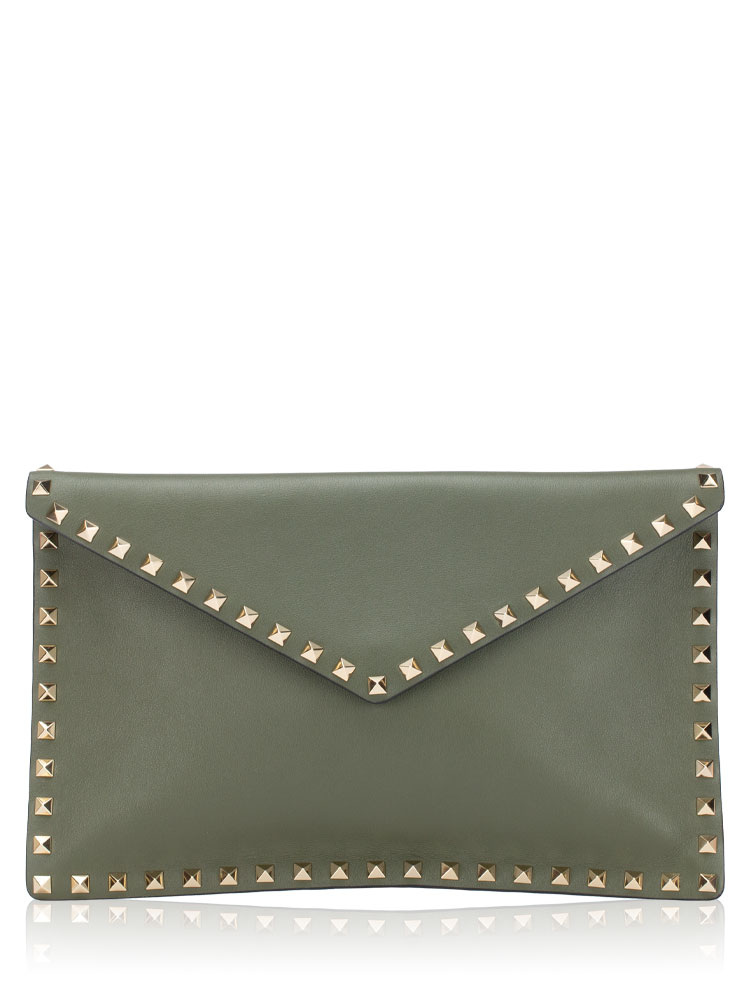 Vitello Rockstud Envelope Flat Clutch Military Green
