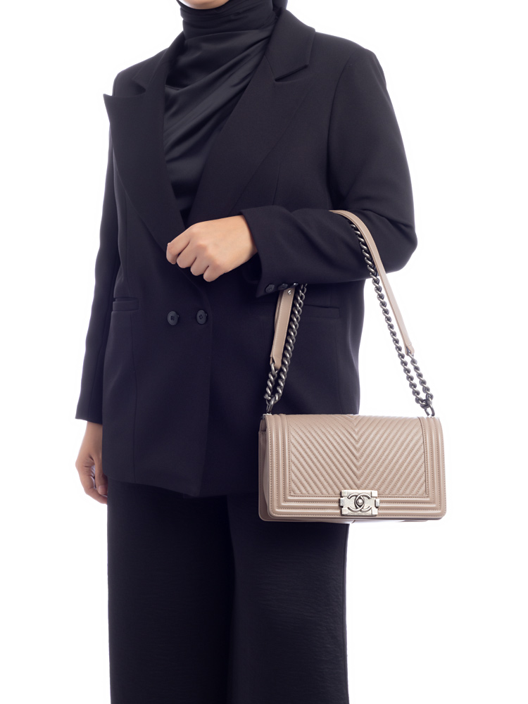 Calfskin Chevron Medium Boy Flap Bag Taupe