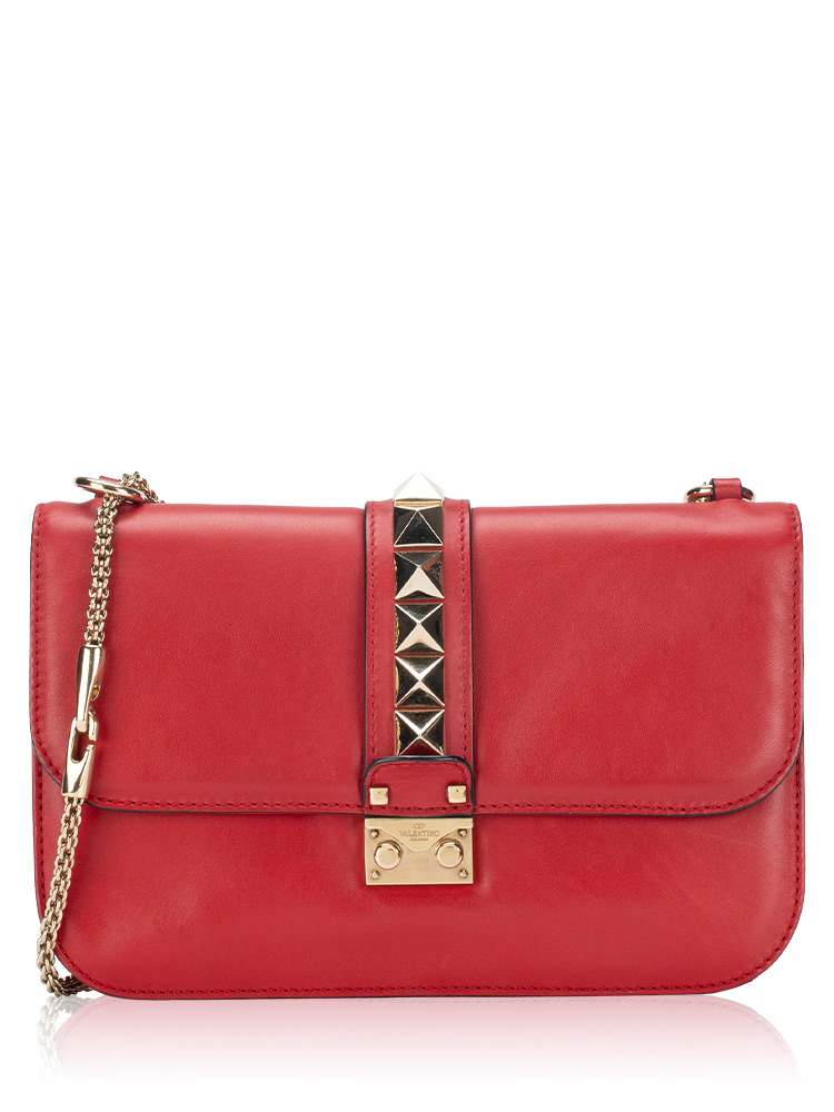 Vitello Rockstud Glam Lock Medium Flap Bag Red