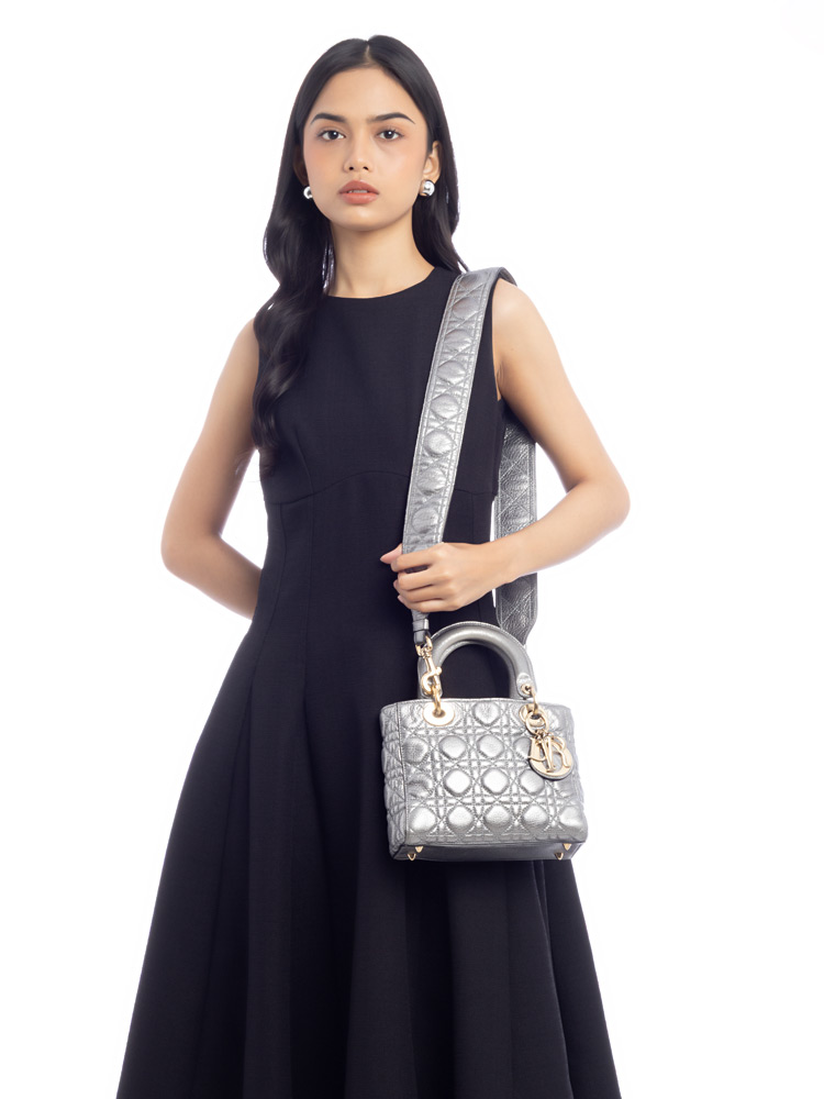Metallic Supple Grained Calfskin Small Lady Dior Silver