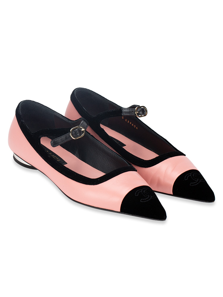 Lambskin Velvet Mary Jane Flats Pink Black Sz 37.5 C