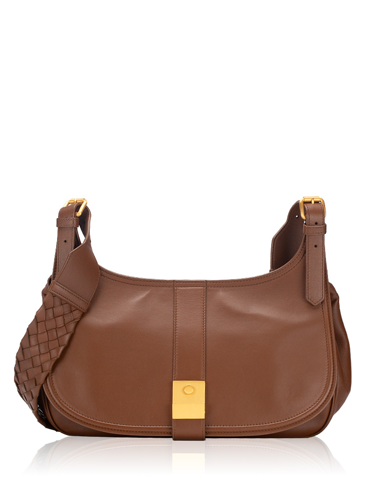 Nappa Saddle Bag with Intrecciato Strap Brown