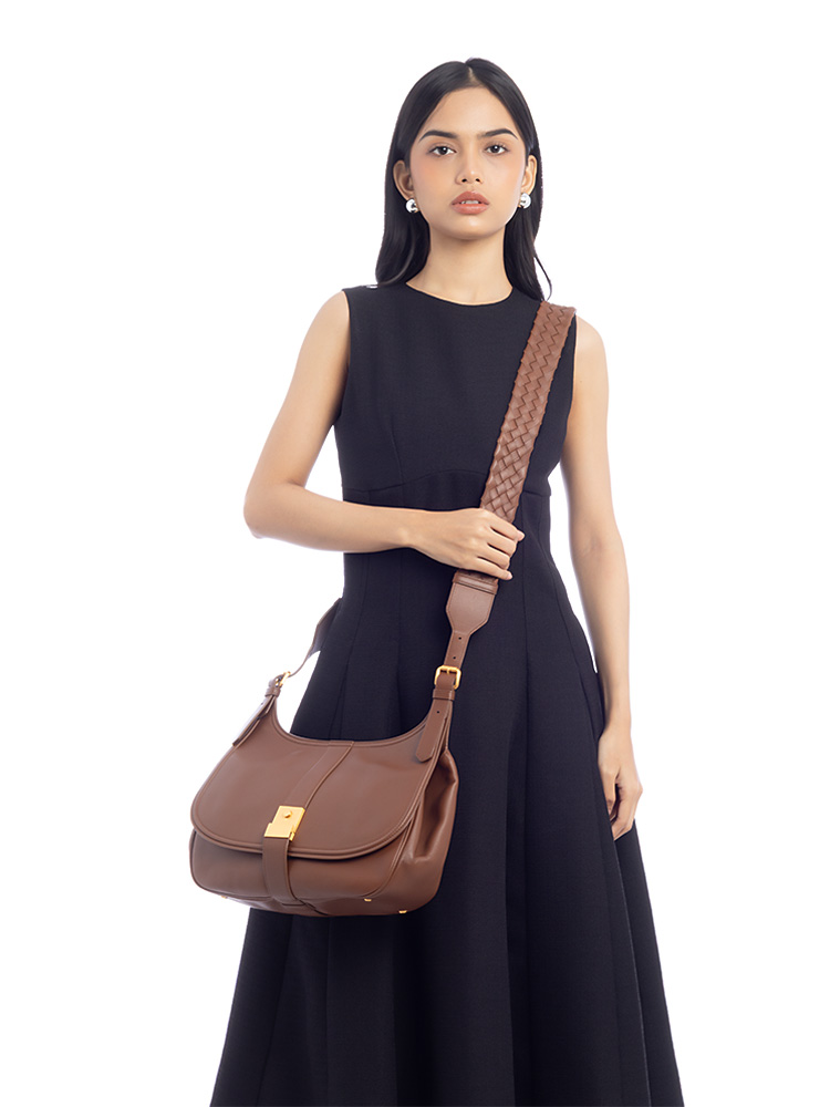Nappa Saddle Bag with Intrecciato Strap Brown