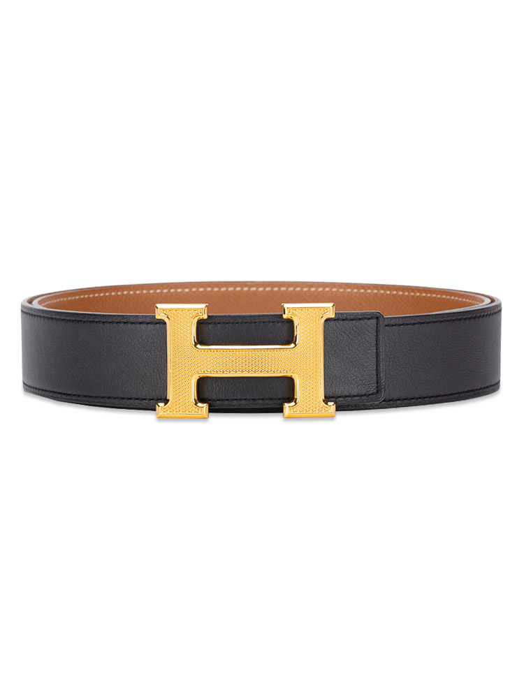 Swift Epsom 32mm Guilloche H Belt Black Gold Sz 90