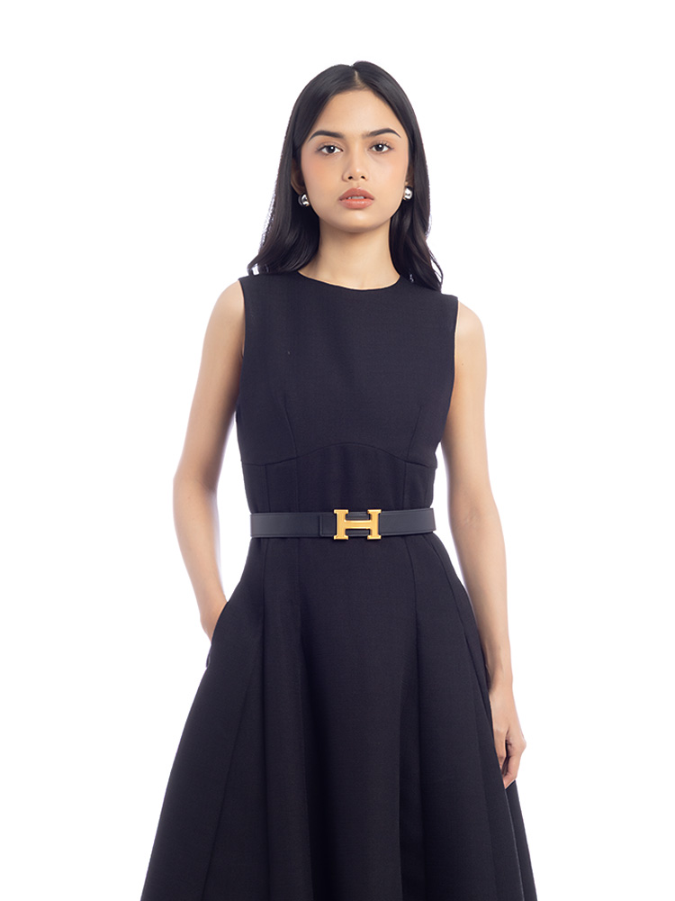 Swift Epsom 32mm Guilloche H Belt Black Gold Sz 90