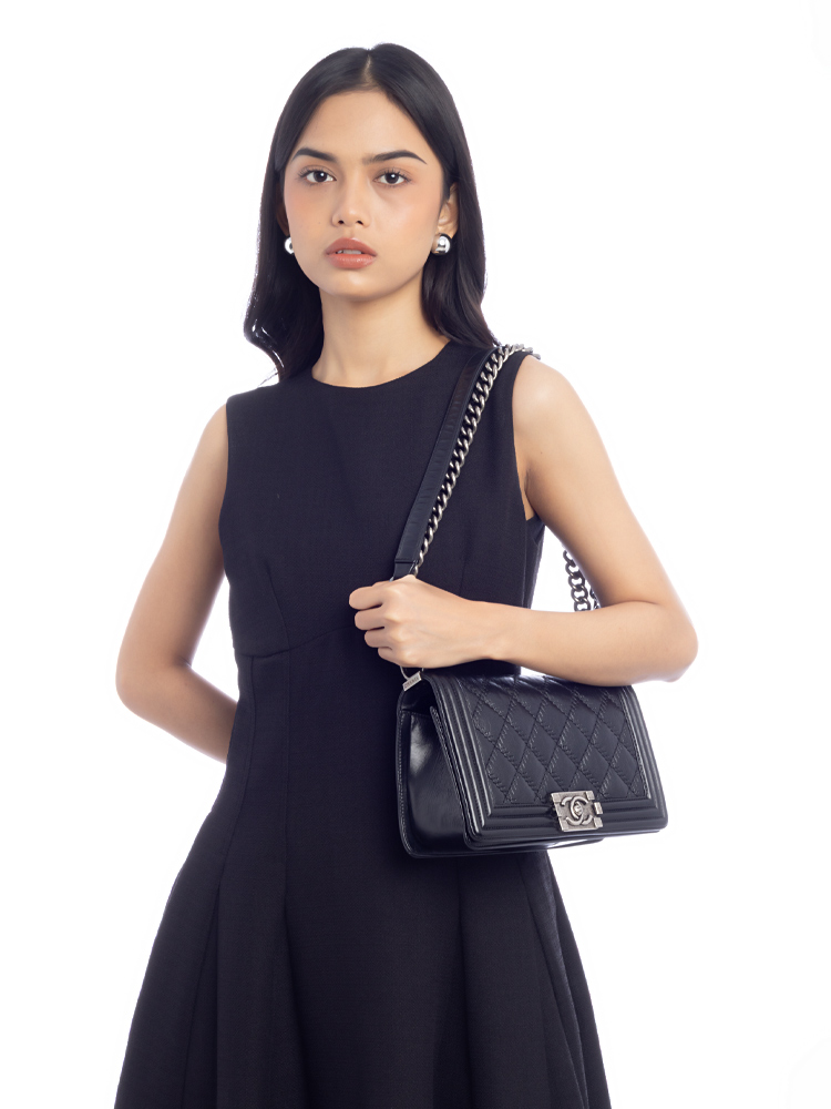 Calfskin Double Stitch Medium Boy Flap Black