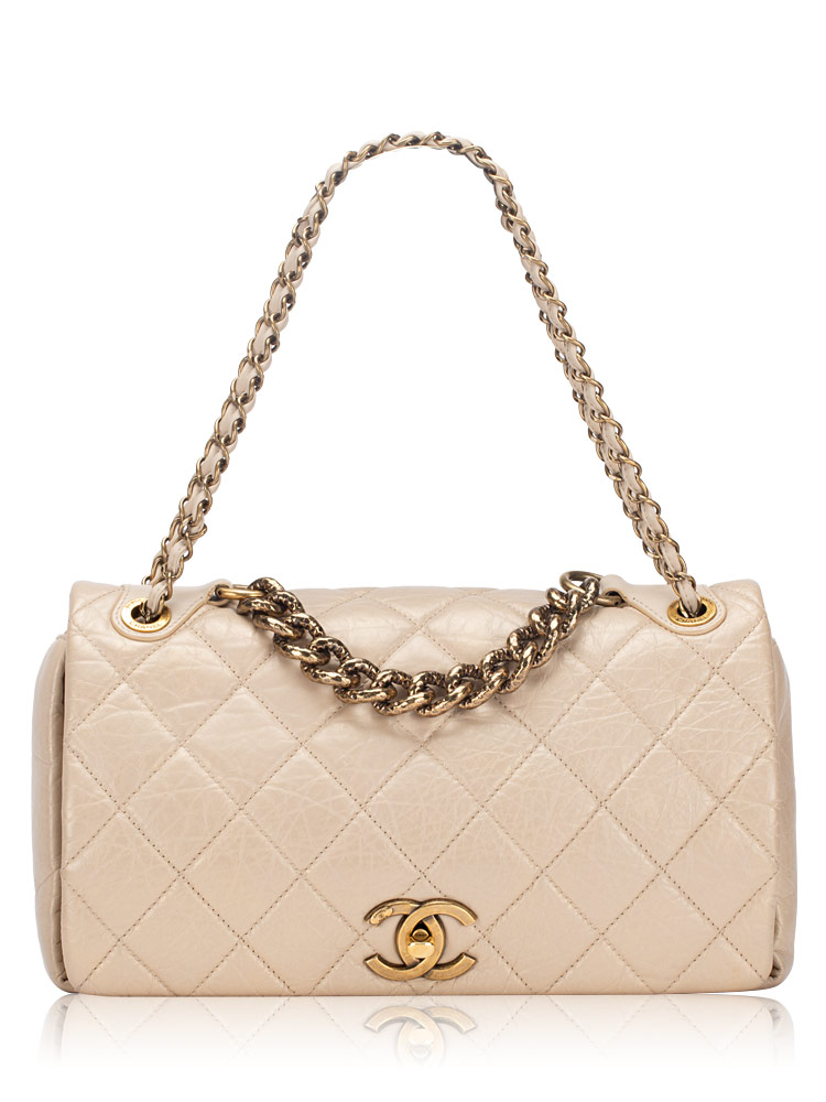 Aged Calfskin Pondichery Medium Flap Bag Beige