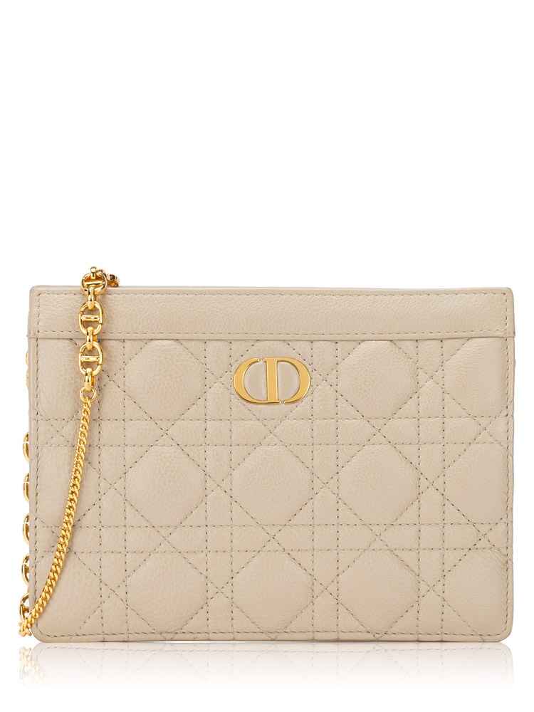 Calfskin Cannage Caro Zip Pouch With Chain Sand