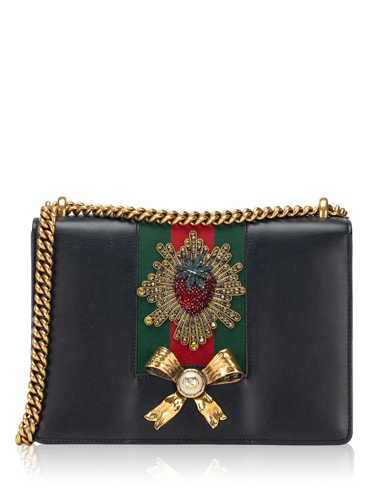 Calfskin Web Strawberry Embellished Peony Shoulder Bag Black