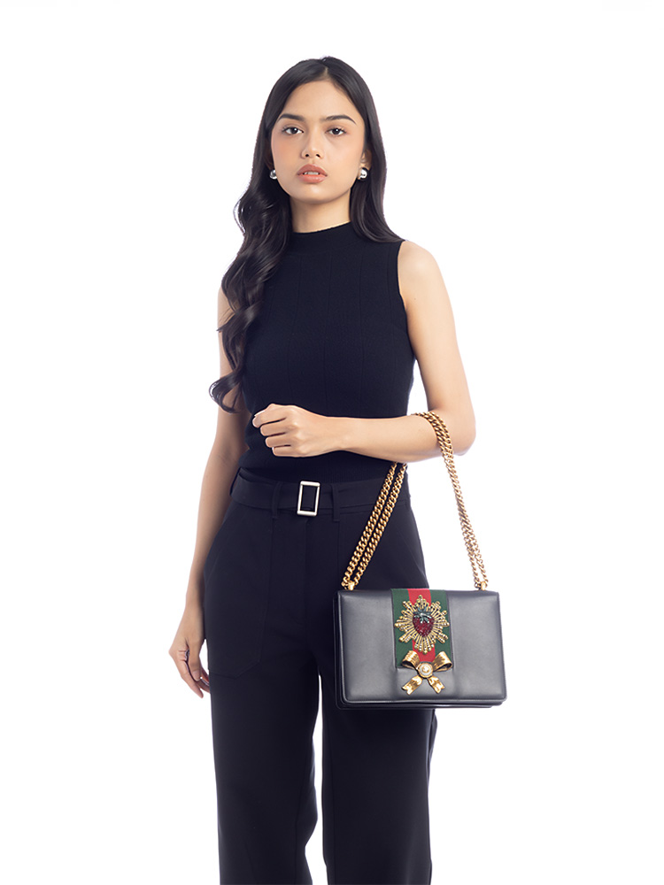Calfskin Web Strawberry Embellished Peony Shoulder Bag Black