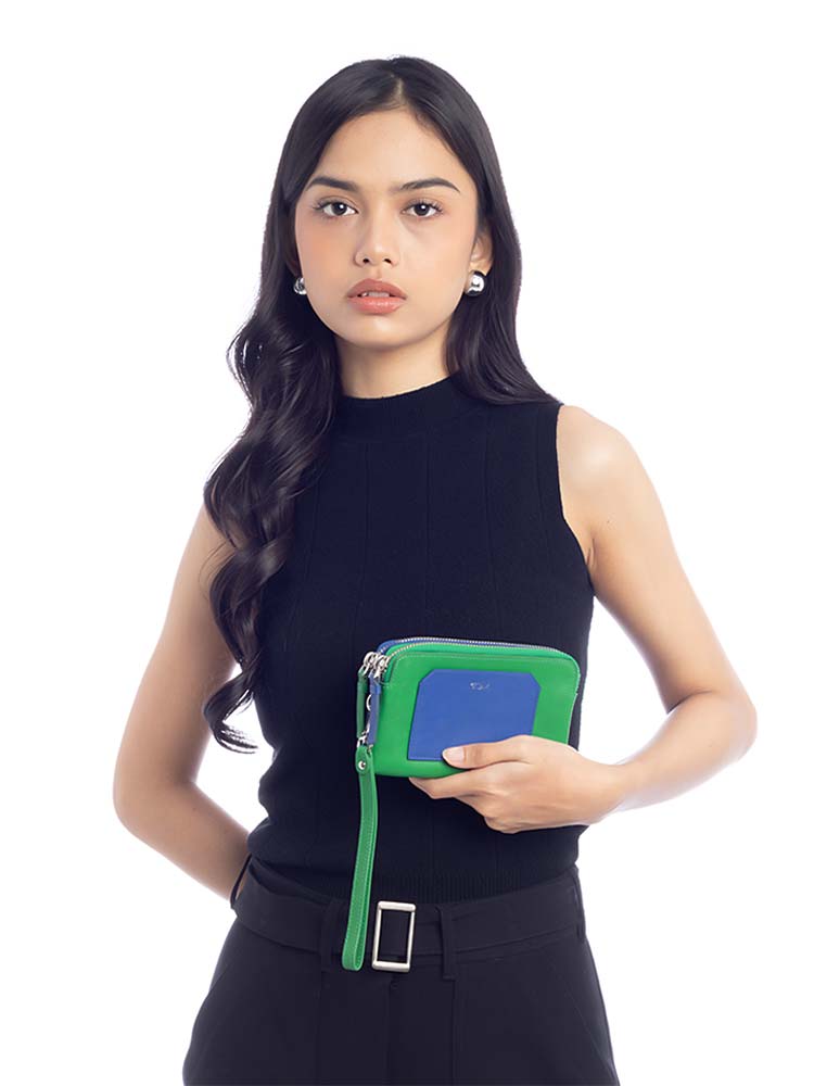 Prism Double Zip Leather Wallet Green Blue