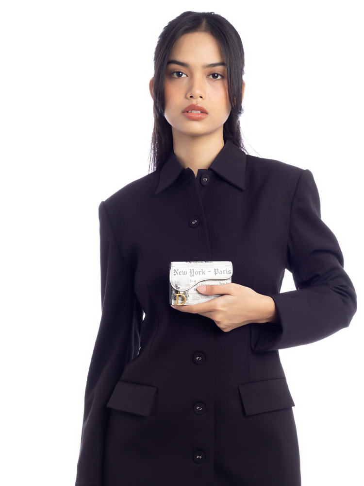 Calfskin Newspaper Print Saddle Card Holder White Black