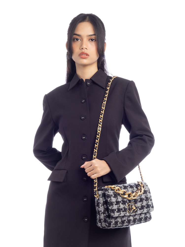 Tweed Elegant Chain Small Flap Bag Black Grey