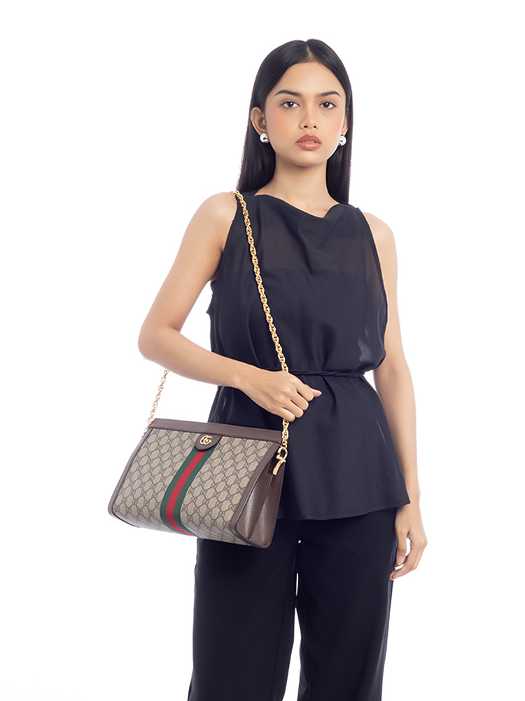 GG Supreme Web Ophidia Medium Chain Shoulder Bag Beige Ebony