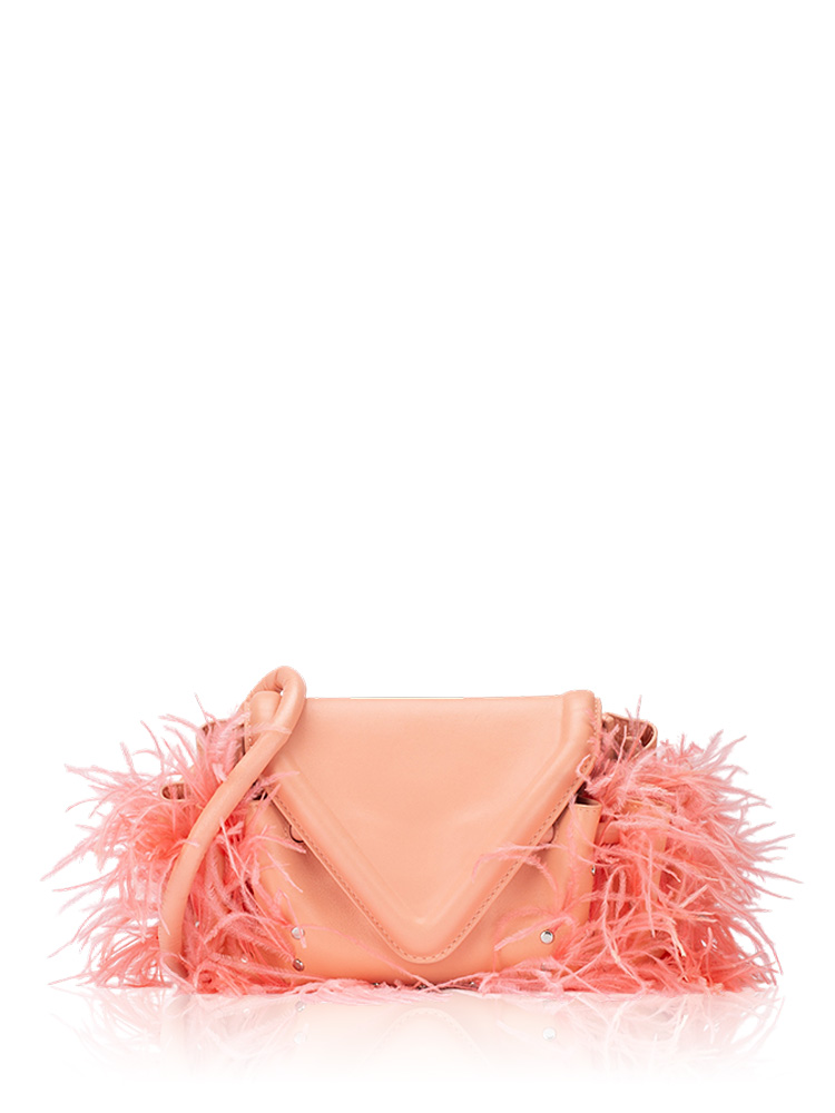 Beak Small Shoulder Bag with Feather Trim Peachy