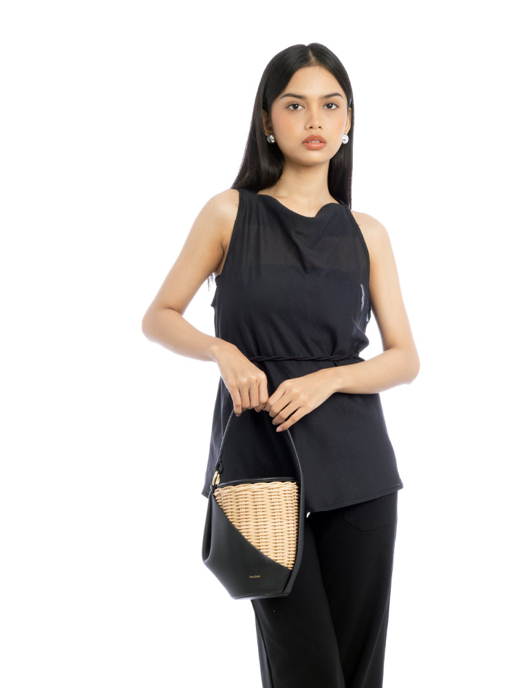 Textured Calfskin Yke Bucket Bag Black