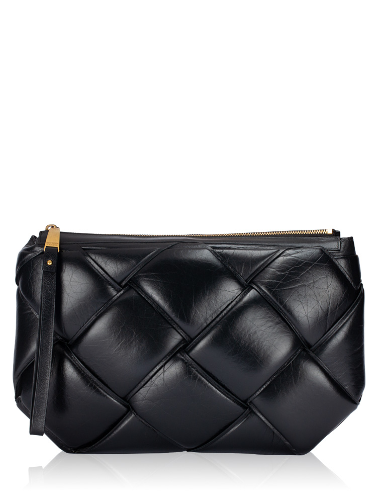 Paper Calfskin Maxi Intrecciato Padded Clutch Black