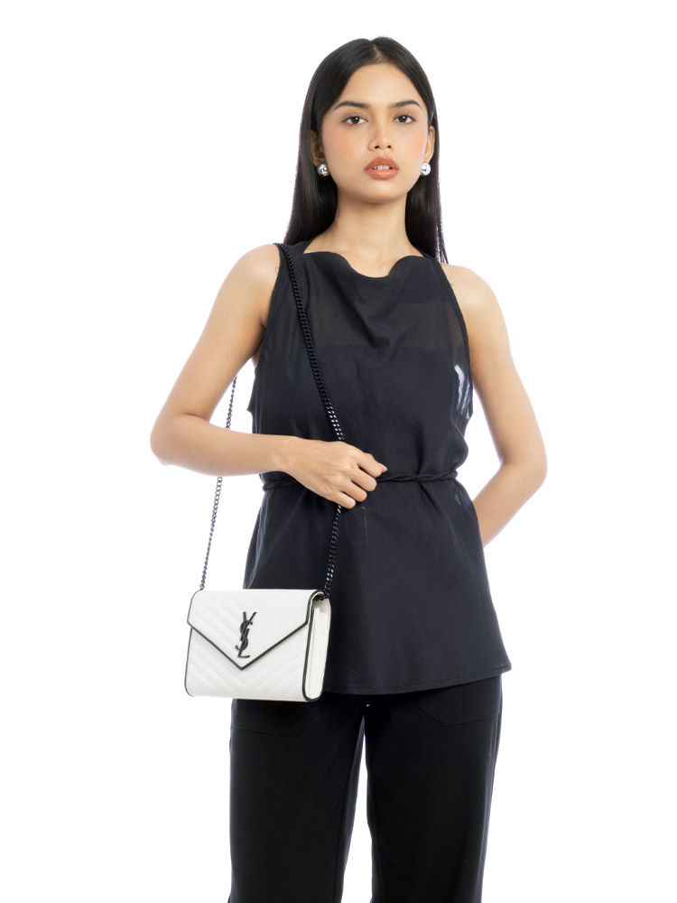 Grain De Poudre Matelasse Monogram 22cm Chain Wallet White Black