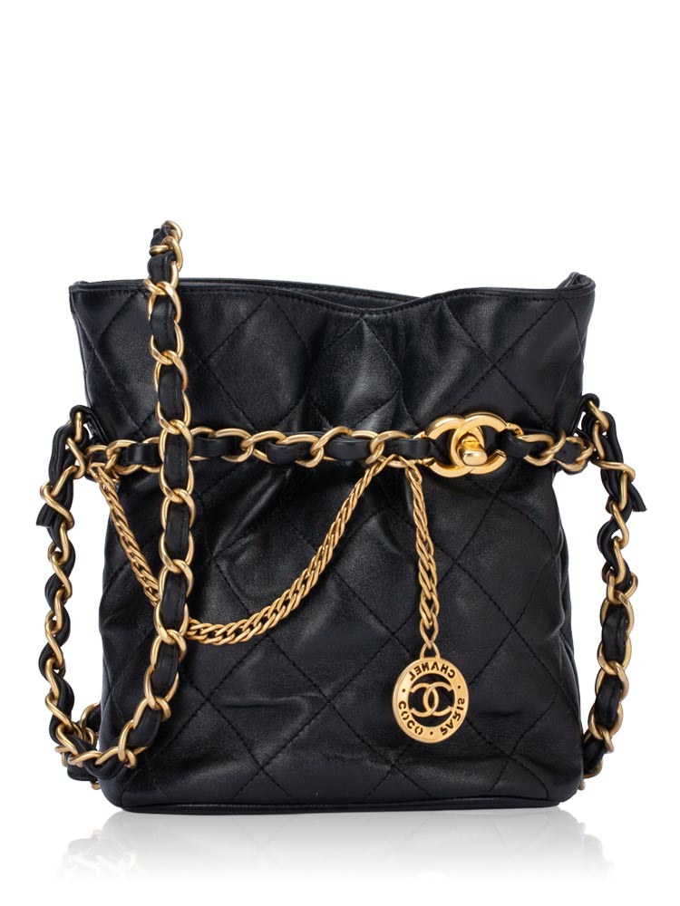 Lambskin CC Turnlock Medallion Small Chain Bucket Bag Black