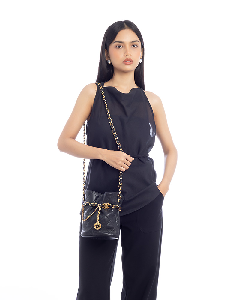 Lambskin CC Turnlock Medallion Small Chain Bucket Bag Black