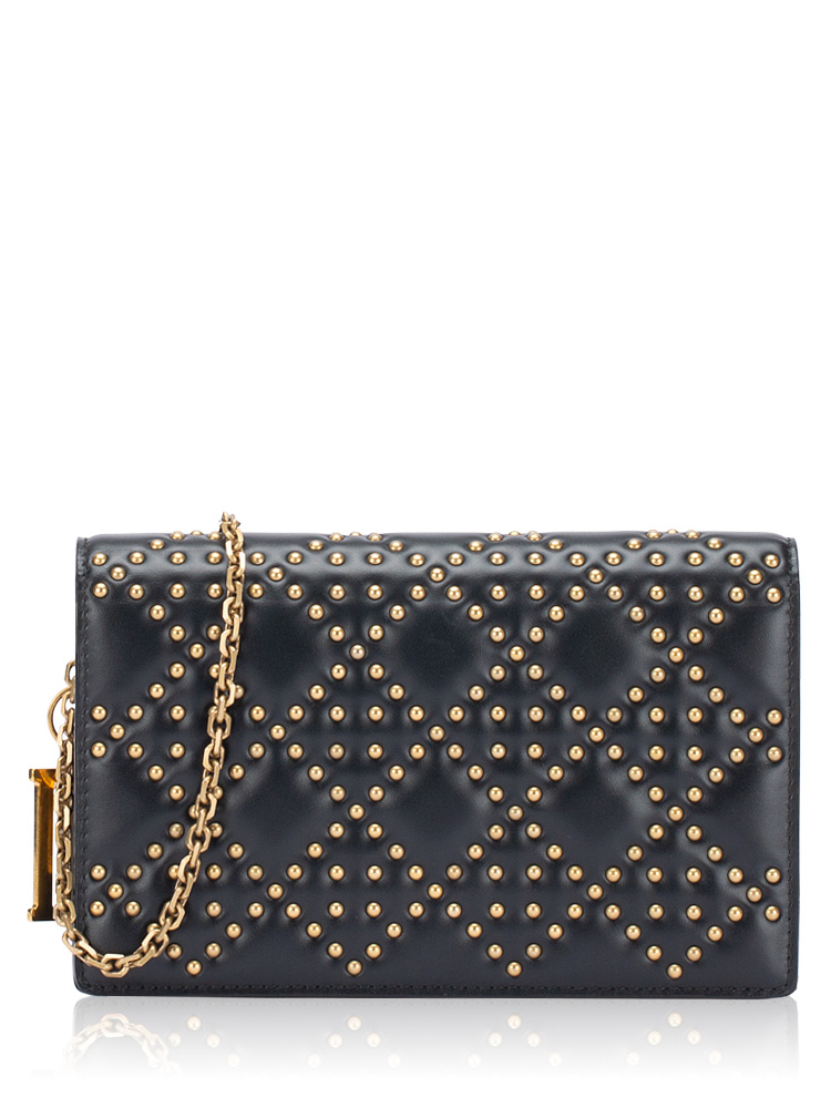 Calfskin Studded Lady Dior Chain Wallet Black