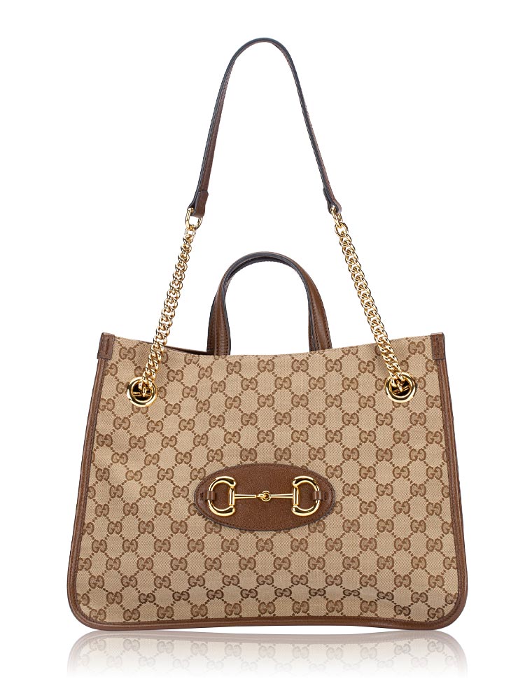 GG Calfskin Horsebit 1955 Medium Tote Beige Brown Sugar