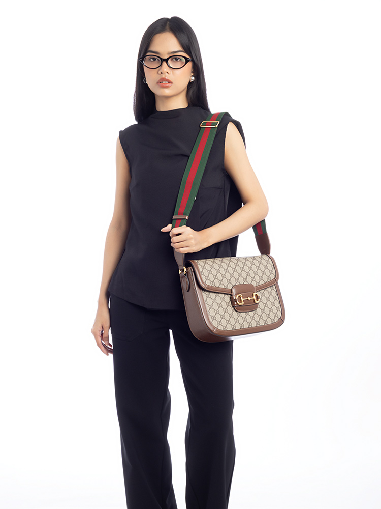 GG Calfskin Horsebit 1955 Medium Tote Beige Brown Sugar