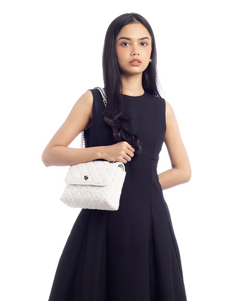 Natalia Sequin Tweed Small Flap Shoulder Bag White Multi