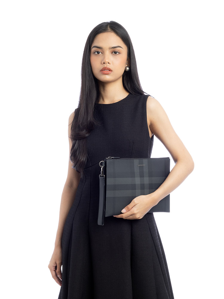 Checked Leather Edin Clutch Charcoal