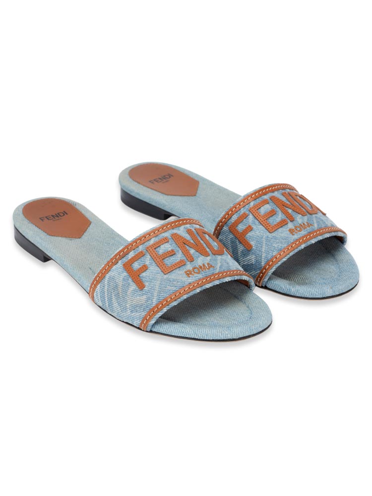 Denim Calfskin Signature Flat Slides Blue Brown Sz 38