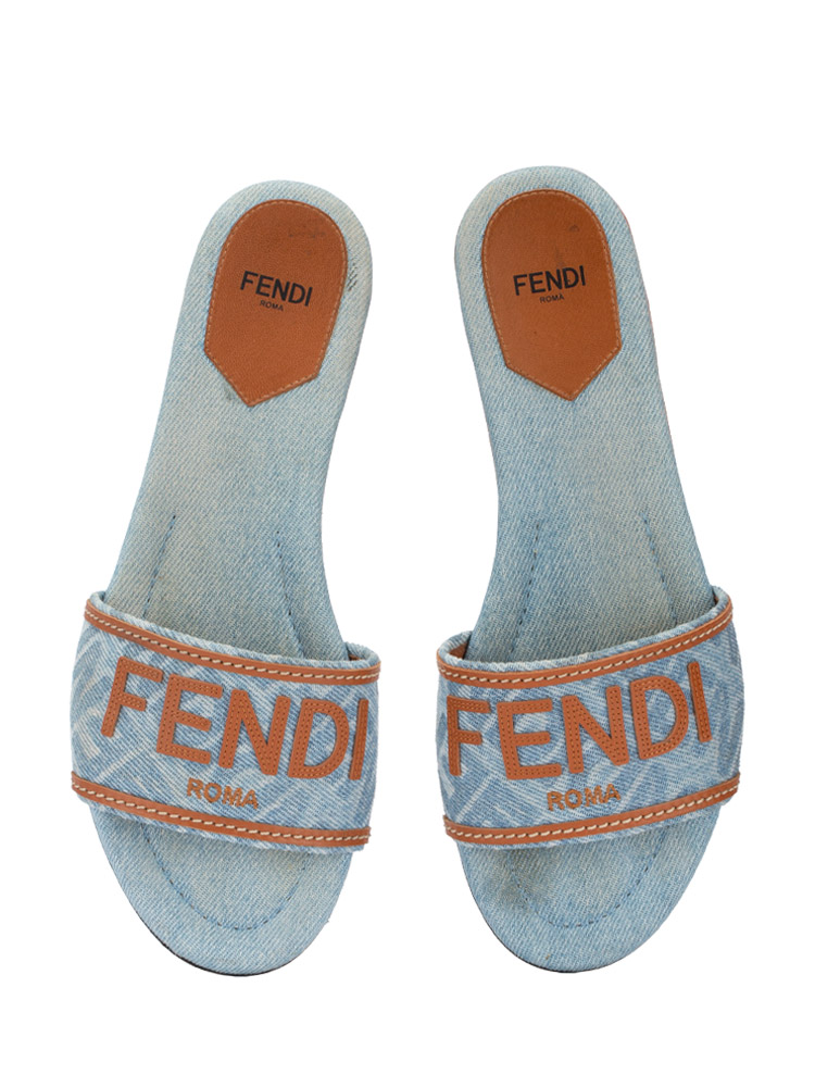 Denim Calfskin Signature Flat Slides Blue Brown Sz 38