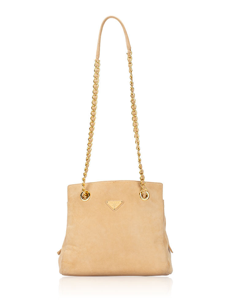 Vintage Suede Chain Link Shoulder Bag Beige