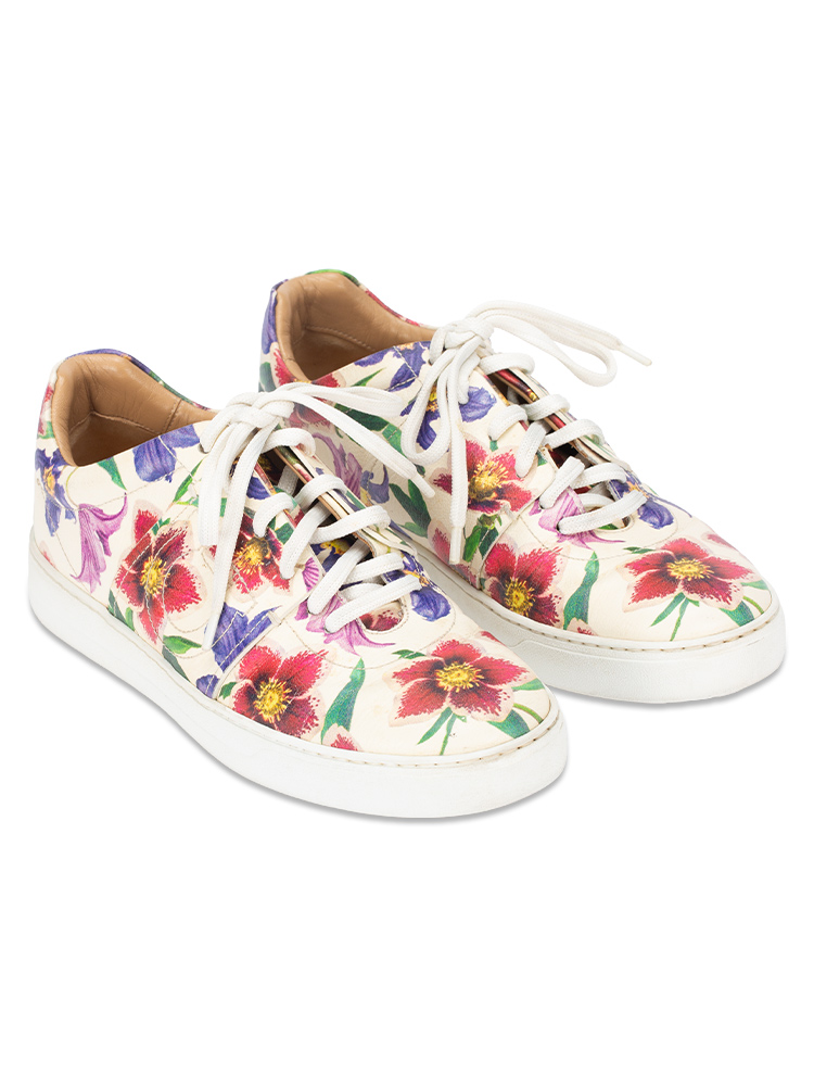 Calfskin Floral Fasano Sneakers White Multicolor Sz 7