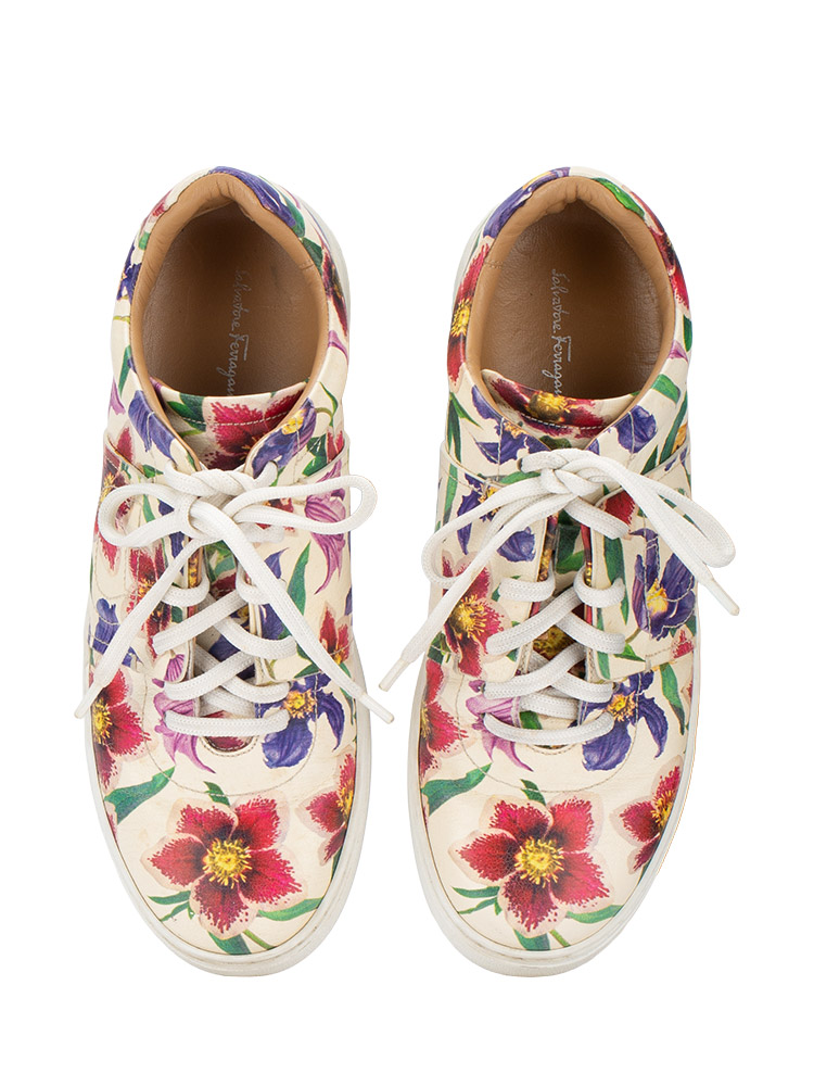 Calfskin Floral Fasano Sneakers White Multicolor Sz 7