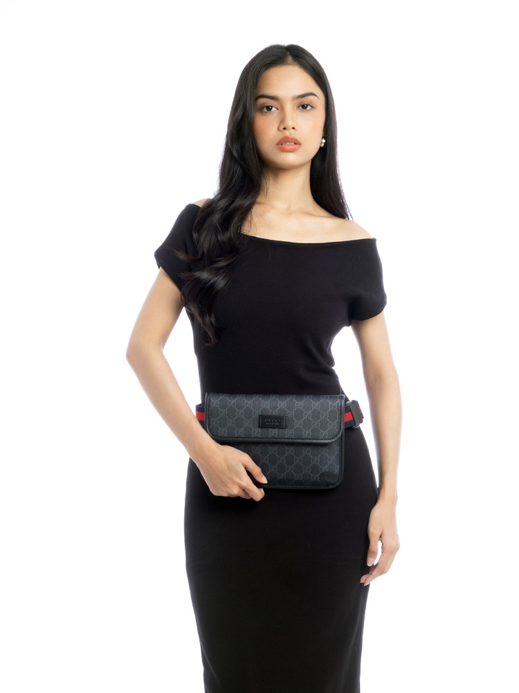 GG Supreme Web Slim Belt Bag Black Grey