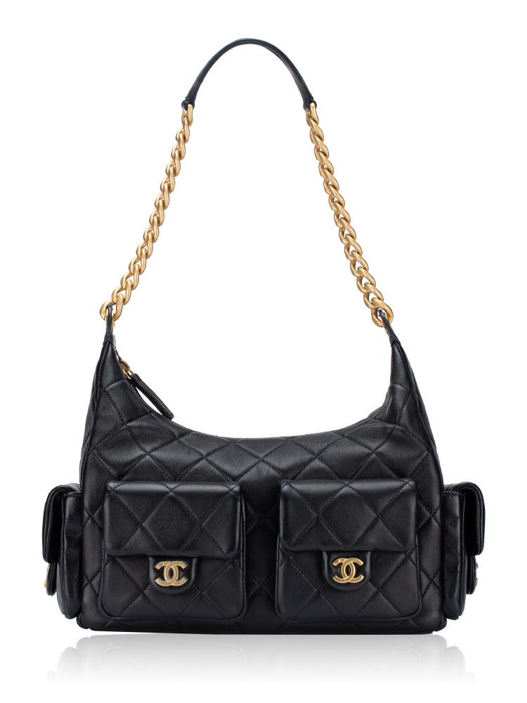 Shiny Lambskin Trendy Pockets Hobo Black