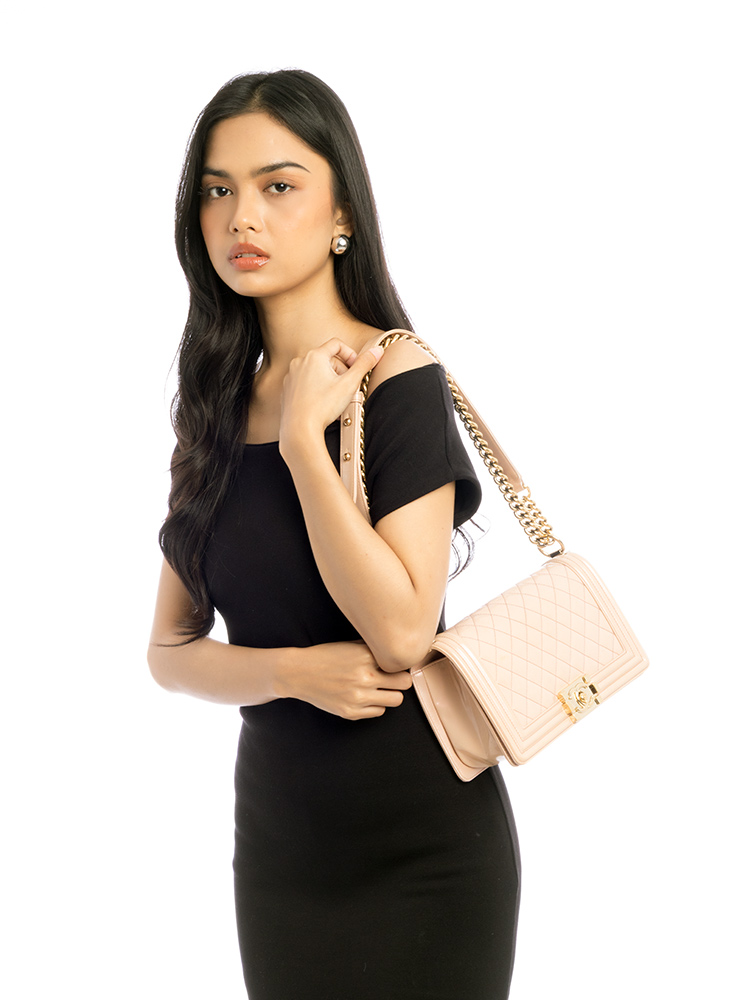 Patent Calfskin Medium Boy Flap Bag Peach