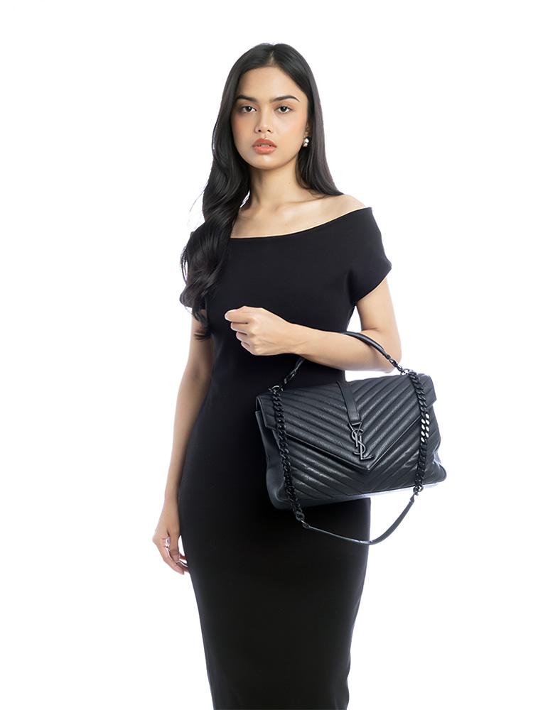 Sheepskin Matelasse Monogram College Large Satchel Black